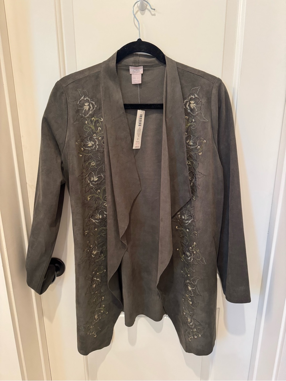Chico’s Embroidered Faux Suede Drape Jacket Size 0 4/6 Montana Moss NWT $169